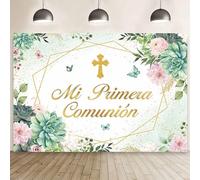 MEHOFOND Toile de fond Mi Primera Comunión de 2,1 x 1,5 m - Vert pastel - Pour première communion - Pour photographie de mariage - Motif floral - Décoration de fête - Papillon - Baptême - Dieu