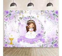 MEHOFOND Toile de fond Mi Primera Comunion de 2,1 x 1,5 m - Violet pastel - Motif floral pour baptême - Pour fille - Violet - Calice Mi Bautizo - Dieu bénédiction - Doves - À paillettes - Décoration