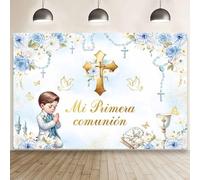 MEHOFOND Toile de fond Mi Primera Comunión pour garçon, bleu, 2,1 x 1,5 m, pour photographie de fond avec perles florales, première communion, calice, croix, pigeon, bénédiction, accessoires photo