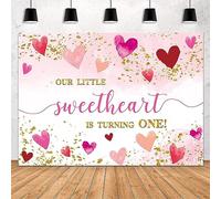 MEHOFOND Toile de fond pour 1er anniversaire de 2,1 x 1,5 m - Décoration de Saint-Valentin - Bannière « Our Little Sweetheart is Turning One » - Aquarelle rose - Cœurs dorés - Pois dorés - Accessoire