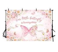 MEHOFOND Toile de fond pour 1er anniversaire de fille rose 2,1 x 1,5 m avec inscription « Our Little Butterfly Is Turning One » - Fleur pastel - Pour photographie de gâteau - Princesse - Décoration de