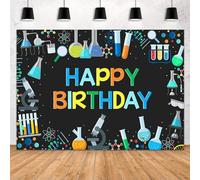 MEHOFOND Toile de fond pour anniversaire Science Chimique 2,1 x 1,5 m - Science folle Joyeux anniversaire Photographie Fond Fun Scientist Enfants Garçons Filles Expériences physiques et chimiques