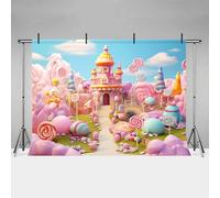 MEHOFOND Toile de fond pour photographie d'anniversaire de fille de 2,1 x 1,5 m - Candyland Candy Lollipop Castle - Pour fête prénatale, gâteau - Décoration de fête - Bannière de studio