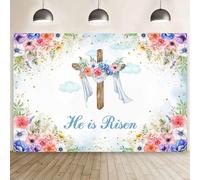 MEHOFOND Toile de fond pour photographie de Pâques avec inscription « He is Risen » - 2,1 x 1,5 m - Motif floral pastel, croix chrétienne, nuages, confettis dorés, printemps, Pâques, fête - Décoration