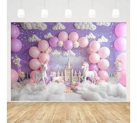 MEHOFOND Toile de fond pour photographie de portrait de fille - Château de rêve - Licorne - Violet - Arche de ballons blancs - Fond nuage blanc - Pour fête prénatale - Décoration de fête
