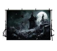 MEHOFOND Toile de fond pour photographie d'Halloween - 2,1 x 1,5 m - Gris - Fantôme - Tête de mort - Toile d'araignée - Corbeau - Fond pour tombe - Maison hantée - Fête des saints - Décoration de fête