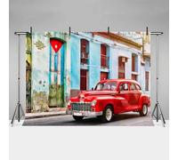 MEHOFOND Toile de fond rétro pour photographie de voiture antique rouge de la ville cubaine de la Havane de 2,1 x 1,5 m pour enfants et adultes Portrait Thème Fête Décoration Bannière Accessoires de