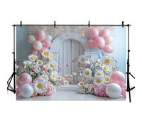 MEHOFOND Toile de fond rose de 2,1 x 1,5 m pour fille, fleurs, marguerites, ballons, arche de ballons, arrière-plan de photographie pour fête prénatale, gâteau, fête d'anniversaire, bannière de