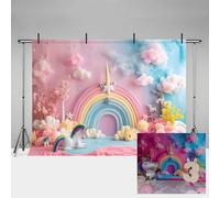 MEHOFOND Toile de fond rose pour photographie d'anniversaire 2,1 x 1,5 m - Licorne Gouache Nuages Rainbow Poney Fleur Étoile Dot Fond Baby Shower Cake Smash Enfants Anniversaire Fête Décoration