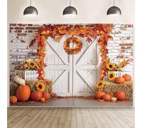 MEHOFOND Toile de fond rustique pour photographie d'automne de 2,1 x 1,5 m, porte en bois, mur de brique, couronne, couronne, meule de foin, tournesol, récolte de tournesol, accessoires photo pour