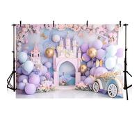 MEHOFOND Toile de fond violette de 2,1 x 1,5 m pour photographie d'anniversaire de fille avec fleurs, château, papillon, voiture, fête prénatale, gâteau, princesse, décoration de fête, bannière,