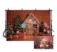 MEHOFOTO Bannière de fête de Noël rouge Merry Christmas pour studio photo, arbre de Noël, maison en bois, fonds muraux en briques pour photographie 2,1 x 1,5 m