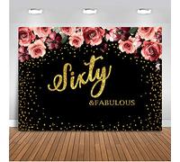 Mehofoto Soixante et Toile de Fond Fabuleuse 8x6ft Joyeux Anniversaire Roses Rouges Décoration Spots Dorés Noir Photographie Backgroun 60ème Anniversaire Fête Photo Booth Backdrops