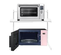 MEHOOSPVN Étagère extensible pour micro-ondes avec 4 crochets, 2 niveaux, hauteur réglable de 27 à 52 cm, support pour micro-ondes, boulangerie, organisateur pour plans de travail de cuisine, blanc