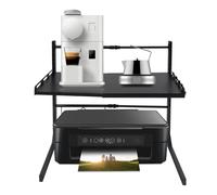 MEHOOSPVN Étagère extensible pour micro-ondes avec 4 crochets, 2 niveaux, hauteur réglable de 27 à 52 cm, support pour micro-ondes, boulangerie, organisateur pour plans de travail de cuisine, noir