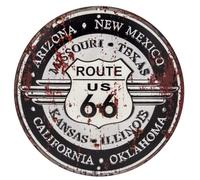 Mehr Relief-Schilder hier... Route 66 Plaque en tôle rétro - Plaque décorative vintage américaine, plaque murale, décoration de salon et de bar, ronde, diamètre 30 cm, noir - blanc
