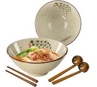 mehrido Lot de 2 bols à ramen en céramique, 1200 ml, grands bols à soupe de nouilles japonaises avec cuillères et baguettes pour soupe Udon Soba Pho Asiatique Nouilles Pâtes Salade