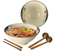 mehrido Lot de 2 grands bols à ramen en céramique de 1200 ml avec cuillères et baguettes pour soupe, Udon Soba Pho, nouilles asiatiques, pâtes, salade