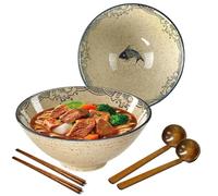 mehrido Lot de 2 grands bols à ramen en céramique de 1200 ml avec cuillères et baguettes pour soupe, Udon Soba Pho, nouilles asiatiques, pâtes, salade