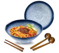 mehrido Lot de 2 grands bols à ramen en céramique de 950 ml avec cuillères et baguettes pour soupe, Udon Soba Pho, nouilles asiatiques, pâtes, salade