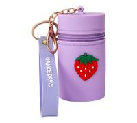 MEIBAOGE Pochettes portatives en silicone pour pièces de monnaie avec porte-clés, motif dessin animé, rouge à lèvres, sac à monnaie pour femmes et filles, fraise, Length 7cm