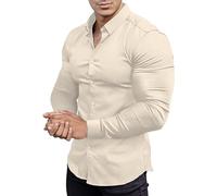 MEIbax Chemise Homme Manches Longues Shirt Col 修改1 Décontractée Slim Fit Sécontracté Boutonné Élégante Ajustée Élastique Chemise Muscle Compression pour Musculation Loisirs (Beige, M)