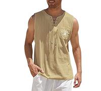 MEIbax Débardeur en Coton et Lin Homme sans Manches Chemise Été Plage avec Lacets Col V et Imprimé Classique Décontractée Respirant Top pour Vacances Yoga (Khaki, M)