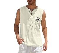 MEIbax Débardeur en Coton et Lin Homme sans Manches Chemise Été Plage avec Lacets Col V et Imprimé Classique Décontractée Respirant Top pour Vacances Yoga (Beige, L)