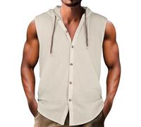 MEIbax Gilet en Lin pour Homme sans Manches à Capuche sans Manche Gilet Col V Boutonné Sport Léger Souple Extensible Tee Shirt pour Gym Running et Fitness avec Cardon (Beige, XXXL)