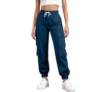 MEIbax Pantalon Cargo Femme Taille Haute Elastique Droit Longue Pants Couleur Unie Decontracte Pantalons avec Poches pour Les Loisirs et Extérieur Travail (Blue, L)
