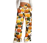 MEIbax Pantalon de Pyjama D'Halloween Pour Femme Pantalon Haut Taille avec Taille éLastique et Poches Motif Citrouille Chauve-Souris FantôMe Pants Pyjama DéContracté et Confort (D-Orange, XXL)