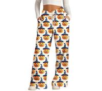 MEIbax Pantalon de Pyjama D'Halloween Pour Femme Pantalon Haut Taille avec Taille éLastique et Poches Motif Citrouille Chauve-Souris FantôMe Pants Pyjama DéContracté et Confort (E-Blue, XL)