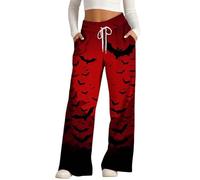 MEIbax Pantalon de Pyjama D'Halloween Pour Femme Pantalon Haut Taille avec Taille éLastique et Poches Motif Citrouille Chauve-Souris FantôMe Pants Pyjama DéContracté et Confort (F-Red, M)