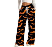 MEIbax Pantalon de Pyjama D'Halloween Pour Femme Pantalon Haut Taille avec Taille éLastique et Poches Motif Citrouille Chauve-Souris FantôMe Pants Pyjama DéContracté et Confort (A-Orange, M)