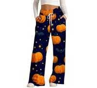 MEIbax Pantalon de Pyjama D'Halloween Pour Femme Pantalon Haut Taille avec Taille éLastique et Poches Motif Citrouille Chauve-Souris FantôMe Pants Pyjama DéContracté et Confort (A-Blue, M)
