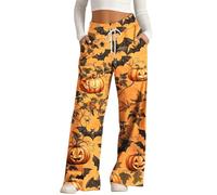 MEIbax Pantalon de Pyjama D'Halloween Pour Femme Pantalon Haut Taille avec Taille éLastique et Poches Motif Citrouille Chauve-Souris FantôMe Pants Pyjama DéContracté et Confort (B-Orange, M)