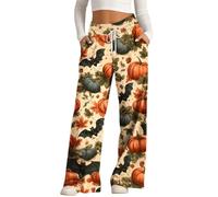 MEIbax Pantalon de Pyjama D'Halloween Pour Femme Pantalon Haut Taille avec Taille éLastique et Poches Motif Citrouille Chauve-Souris FantôMe Pants Pyjama DéContracté et Confort (B-Beige, XL)