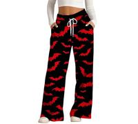 MEIbax Pantalon de Pyjama D'Halloween Pour Femme Pantalon Haut Taille avec Taille éLastique et Poches Motif Citrouille Chauve-Souris FantôMe Pants Pyjama DéContracté et Confort (A-Red, M)