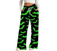 MEIbax Pantalon de Pyjama D'Halloween Pour Femme Pantalon Haut Taille avec Taille éLastique et Poches Motif Citrouille Chauve-Souris FantôMe Pants Pyjama DéContracté et Confort (A-Green, M)