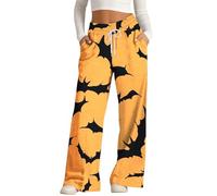 MEIbax Pantalon de Pyjama D'Halloween Pour Femme Pantalon Haut Taille avec Taille éLastique et Poches Motif Citrouille Chauve-Souris FantôMe Pants Pyjama DéContracté et Confort (E-Orange, XXL)
