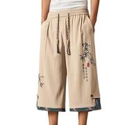MEIbax Pantalon Japonais Homme Style Chinois 3/4 Pant Traditionnels Japonais avec Double Boutonnage et Cordon Vêtements Ample Et Décontracté Pantalon Jambes Larges (Khaki-1, L)