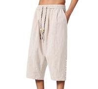 MEIbax Pantalon Japonais Homme Style Chinois 3/4 Pant Traditionnels Japonais avec Double Boutonnage et Cordon Vêtements Ample Et Décontracté Pantalon Jambes Larges (Grey-2, L)
