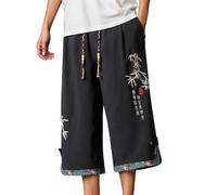 MEIbax Pantalon Japonais Homme Style Chinois 3/4 Pant Traditionnels Japonais avec Double Boutonnage et Cordon Vêtements Ample Et Décontracté Pantalon Jambes Larges (Black-1, XXXXL)
