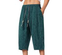 MEIbax Pantalon Japonais Homme Style Chinois 3/4 Pant Traditionnels Japonais avec Double Boutonnage et Cordon Vêtements Ample Et Décontracté Pantalon Jambes Larges (Green-2, L)