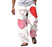 MEIbax Pantalons Linen Coton Homme Broderie Cœur Doux Jour de la Saint-Valentin Respirant Jambes Droites Ceinture Élastique pour Printemps Été Port Quotidien Maison Loisirs (Wine, L)