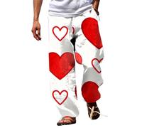 MEIbax Pantalons Linen Coton Homme Broderie Cœur Doux Jour de la Saint-Valentin Respirant Jambes Droites Ceinture Élastique pour Printemps Été Port Quotidien Maison Loisirs (Red, L)