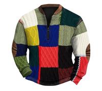MEIbax Pull Homme Hiver Col V Demi Zipp à Carreau Multicolor Sweat Ample Confortable sans Capuche Patchwork Motifs Style Vintage Top pour Quotidien Loisirs Outdoor (Green, L)