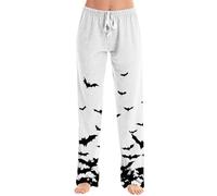 MEIbax Pyjama Pantalon Femmes Halloween Pyjama Pantalon Imprimé De Chauve-Souris Citrouille Laides Kawaii à La Mode Taille éLastique Confortable Et Doux Pant Avec Poches Automne (White-B, XXXL)