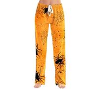 MEIbax Pyjama Pantalon Femmes Halloween Pyjama Pantalon Imprimé De Chauve-Souris Citrouille Laides Kawaii à La Mode Taille éLastique Confortable Et Doux Pant Avec Poches Automne (Orange-A, XXXL)