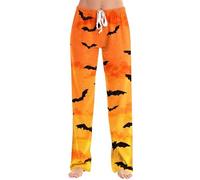 MEIbax Pyjama Pantalon Femmes Halloween Pyjama Pantalon Imprimé De Chauve-Souris Citrouille Laides Kawaii à La Mode Taille éLastique Confortable Et Doux Pant Avec Poches Automne (Watermelon Red-B, S)